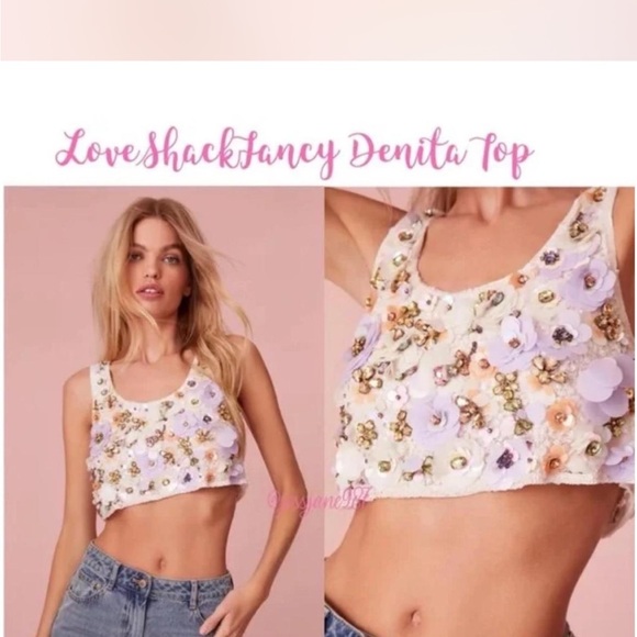 LoveShackFancy Denita Floral Embellished Cream Tank Top - Picture 1 of 3